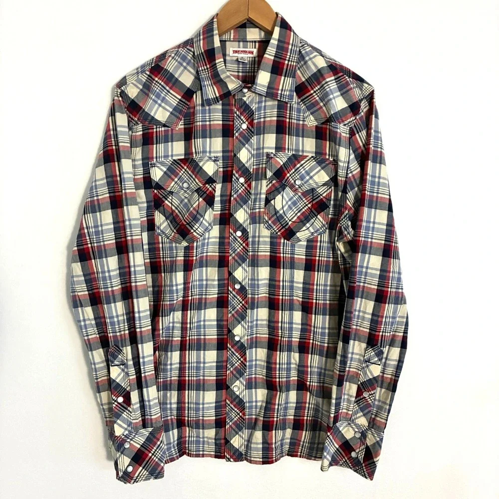 True Religion Western Shirt Mens Size L Plaid Pearl Snap Cowboy Logo Ranch Rodeo